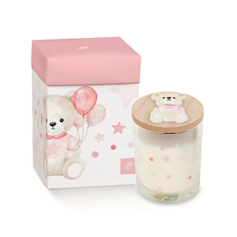 CANDELA IN VETRO ORSETTO PALLONCINO ROSA D7 H9 CON SCATOLA